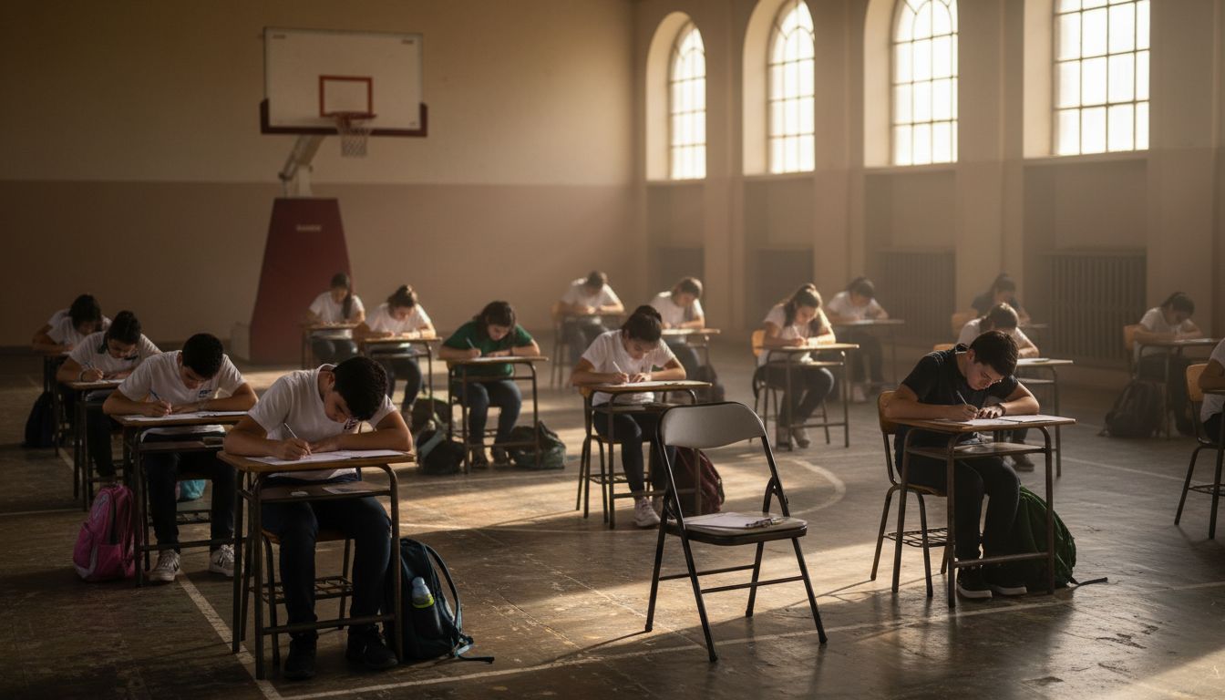 Alumnos realizando el examen de idiomas en el gimnasio del colegio.