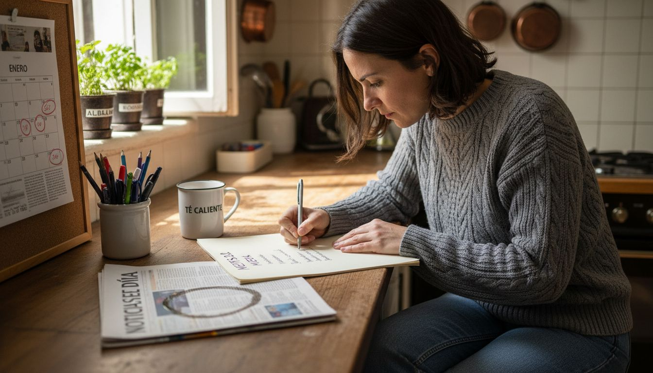 Una mujer se sienta en la barra de la cocina mientras anota sus objetivos de aprendizaje.
