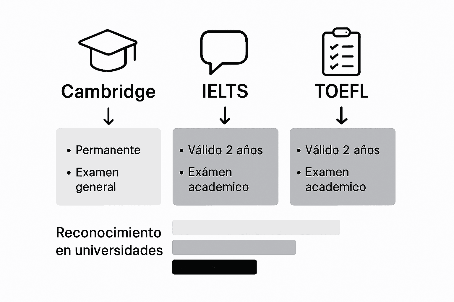 Tabla comparativa visual de las certificaciones Cambridge, IELTS y TOEFL