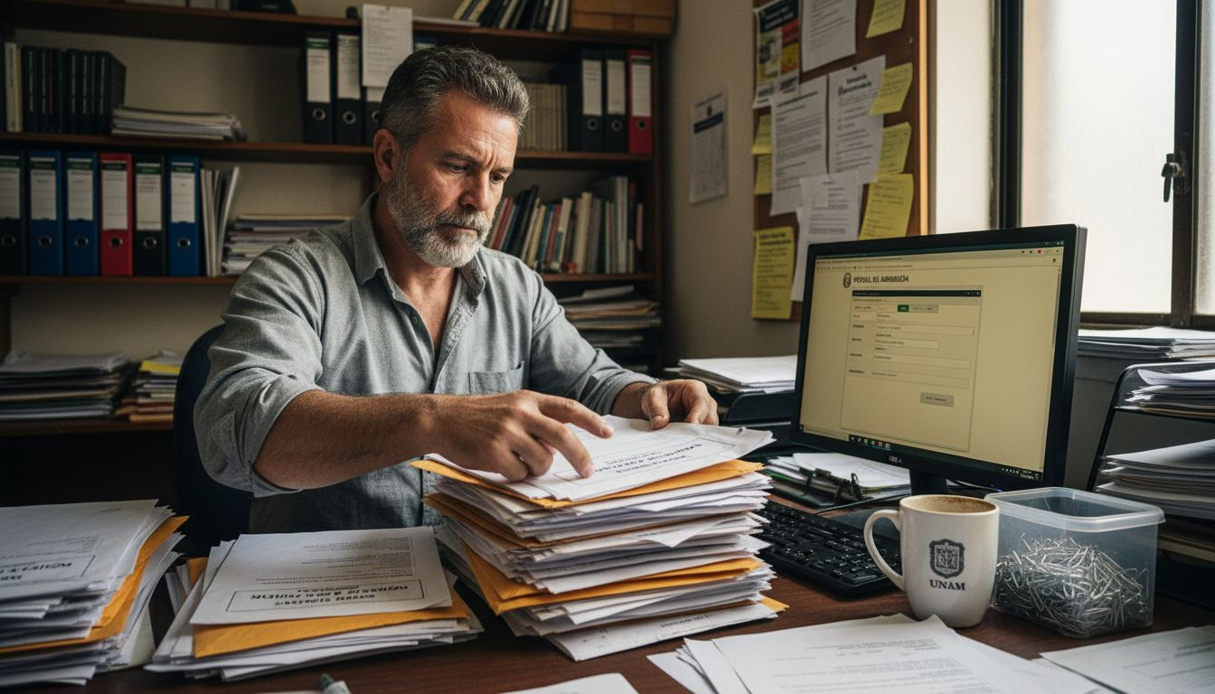 Responsable de admisiones universitarias revisando la documentación de los postulantes