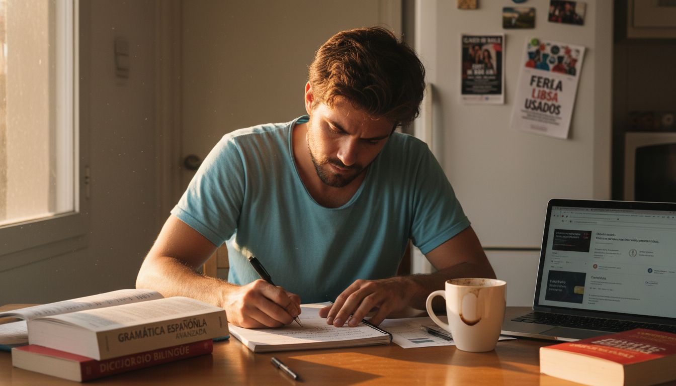 Un hombre estudia los distintos niveles de inglés desde su casa.