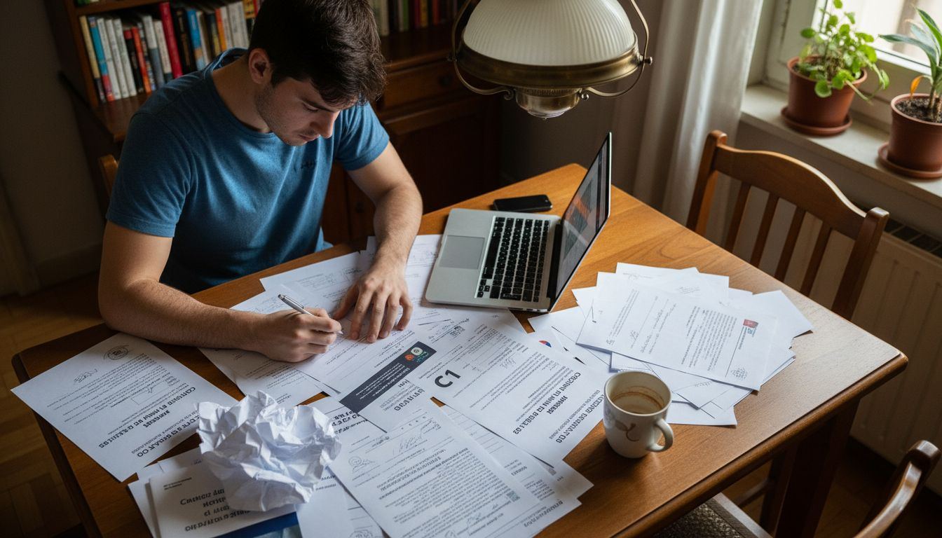 Un joven sentado en una mesa revisa sus certificados de inglés con atención.