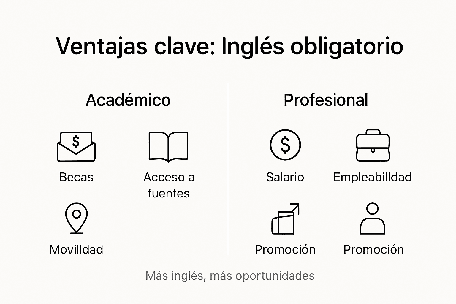 Infografía sobre los beneficios académicos y profesionales de estudiar inglés como materia obligatoria
