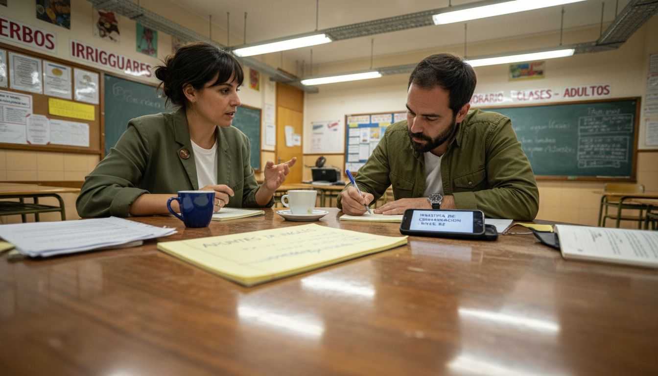 Dos adultos repasando inglés juntos en la mesa.