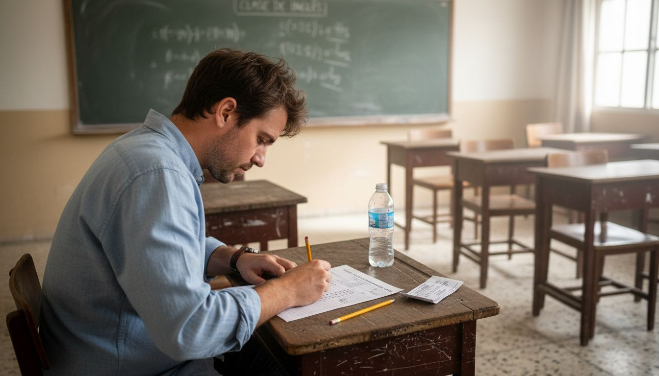 Hombre realizando el examen de certificación de inglés en un aula