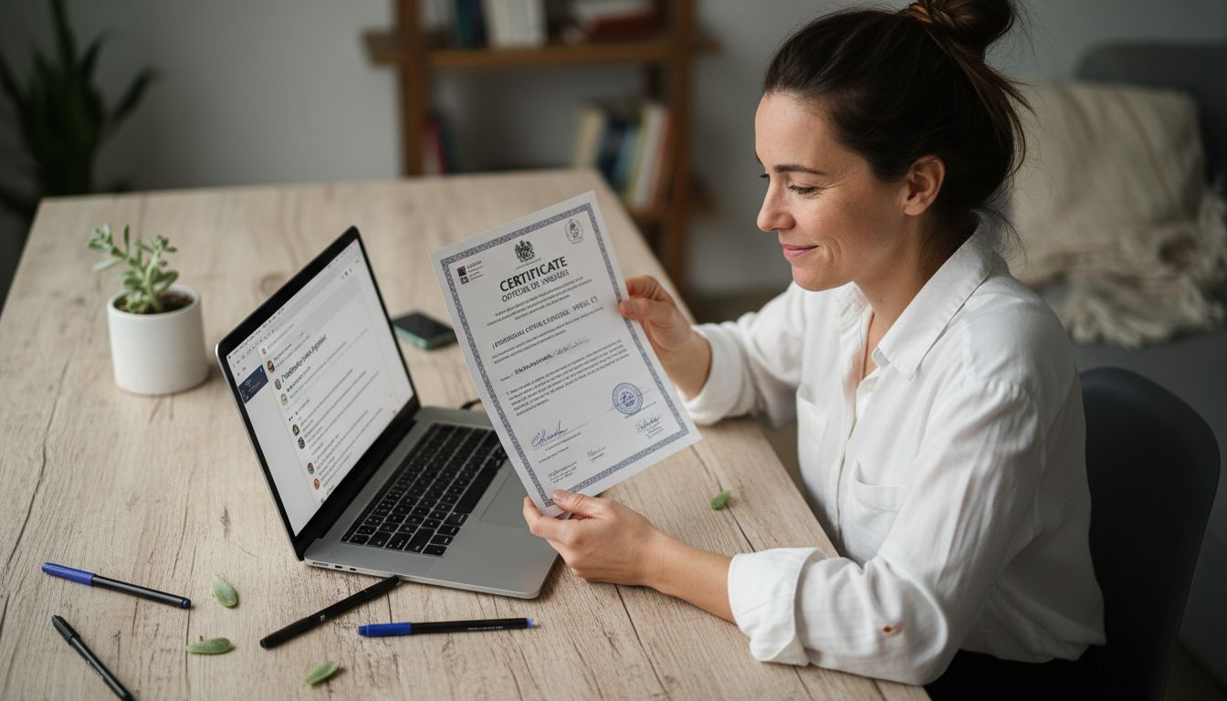 Certificado de inglés junto a un portátil sobre la mesa