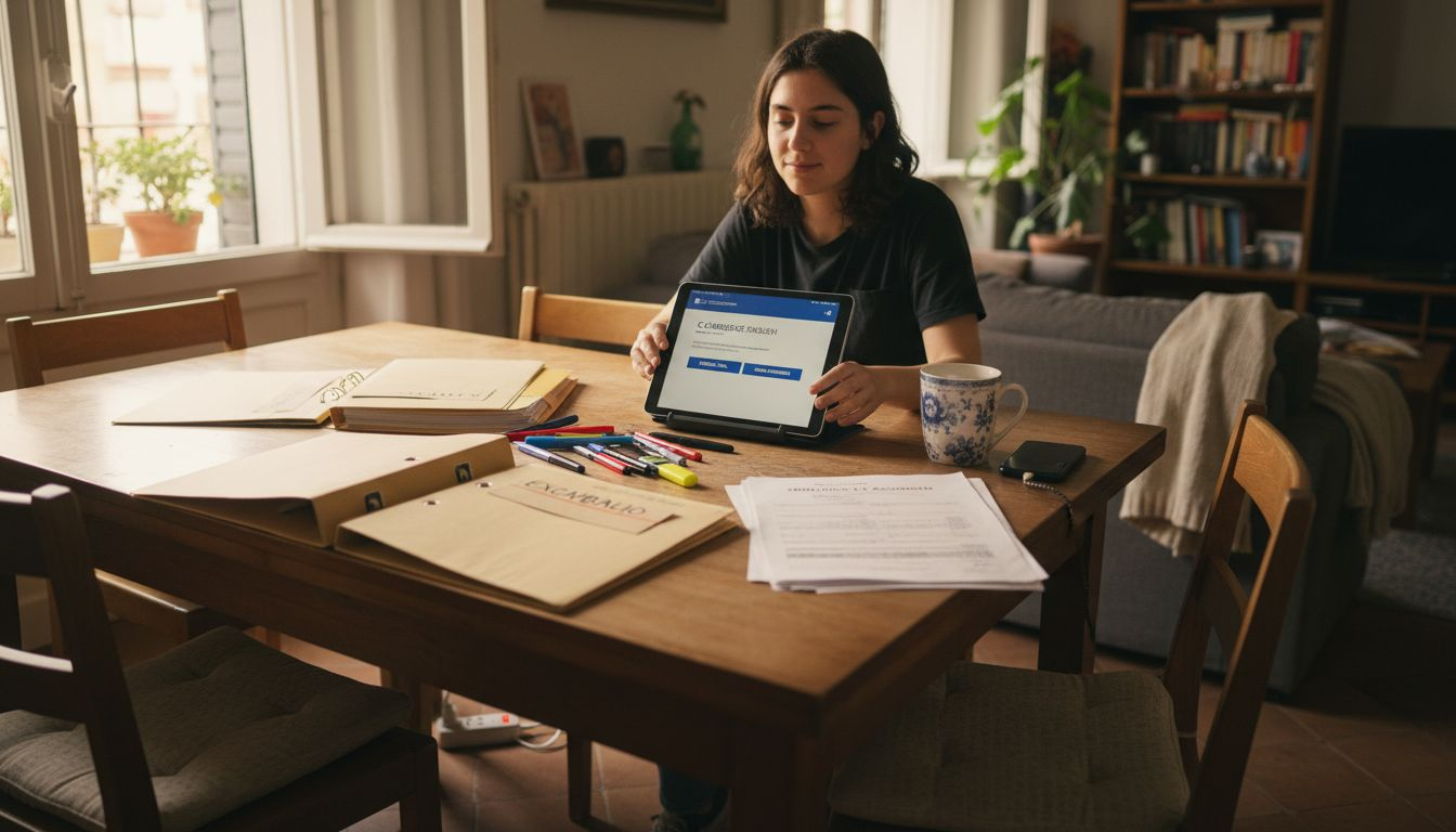 Reuniendo y organizando los apuntes de Cambridge sobre la mesa del comedor