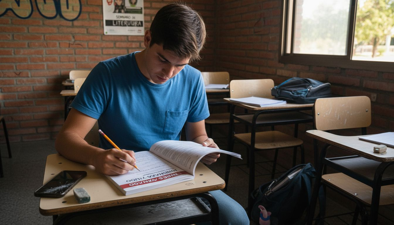 Alumno repasando su libro de inglés avanzado