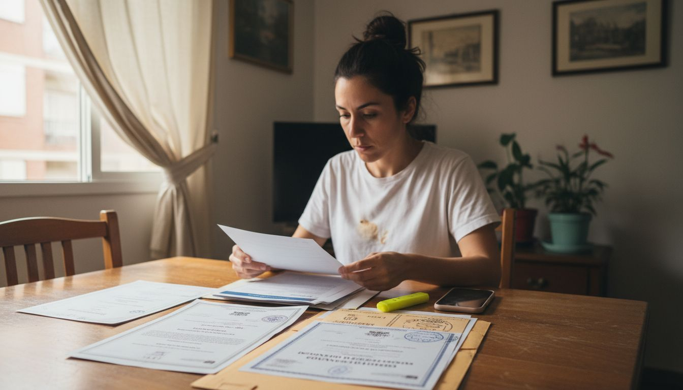 Mujer revisando sus certificados oficiales de Cambridge con atención