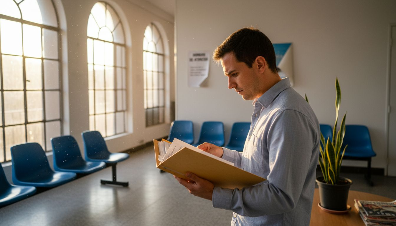 Estudiante revisando papeles en la oficina de la universidad