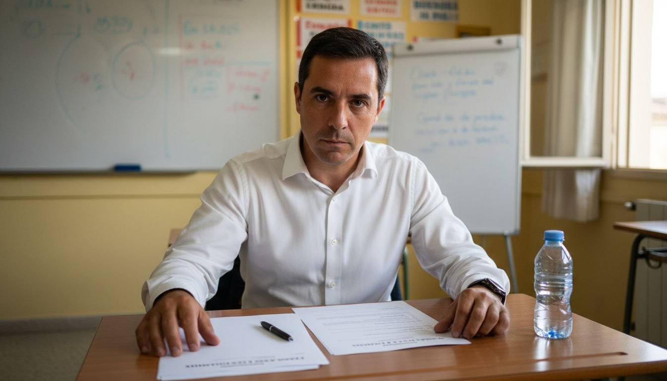 Un adulto espera en el aula para presentar su examen oficial de inglés.