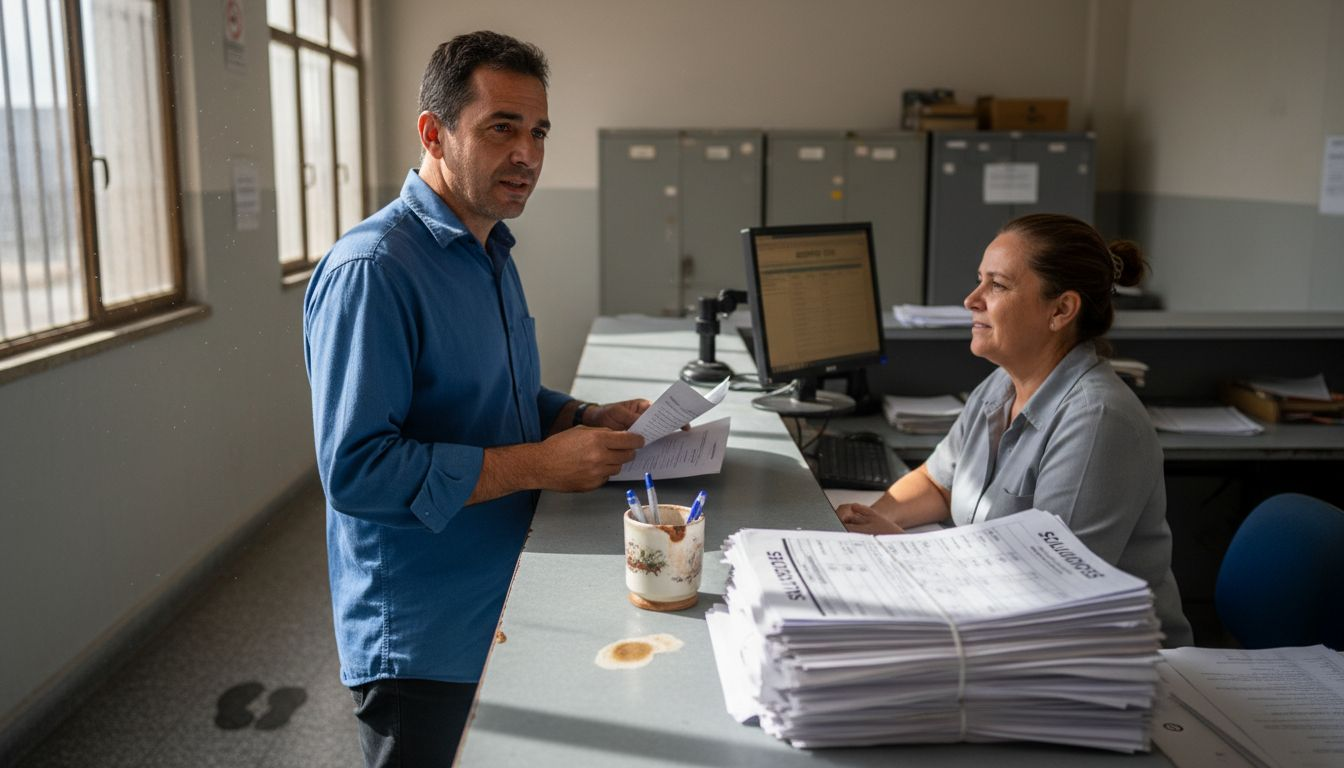 Hombre aprovechando su visita al ayuntamiento para practicar inglés.