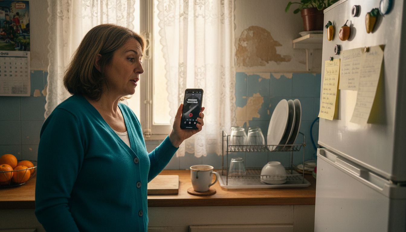 Una mujer graba en casa cómo se pronuncian palabras en valenciano.