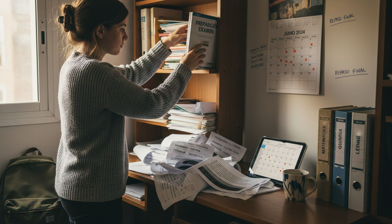 Una mujer coloca y ordena sus apuntes y materiales de estudio en una estantería de su casa, preparándose para los exámenes.