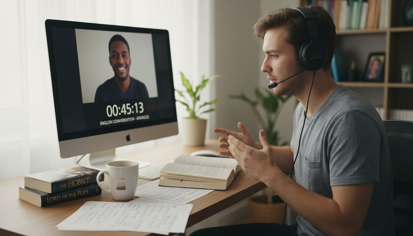 Hombre mejorando su inglés con apuntes y materiales de apoyo