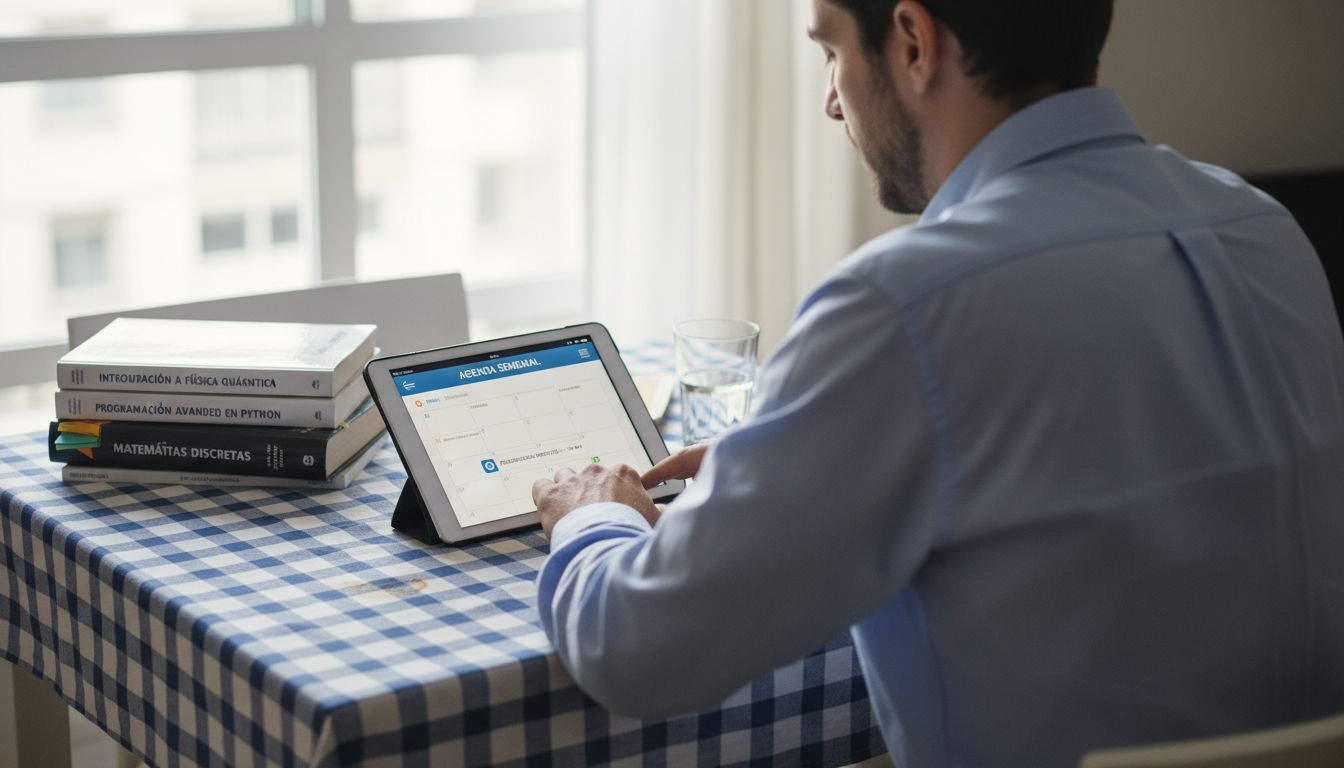 Joven planifica su horario de estudio utilizando una tablet