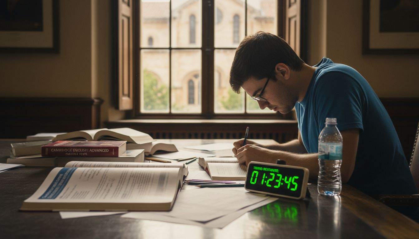 Un joven preparándose para el examen de Cambridge mientras estudia en la biblioteca.