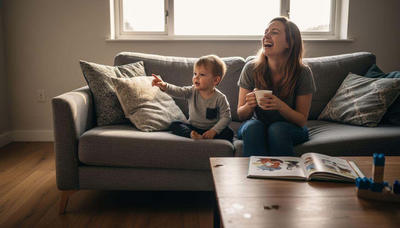 Un niño pequeño juega y charla alegremente con su mamá en casa.