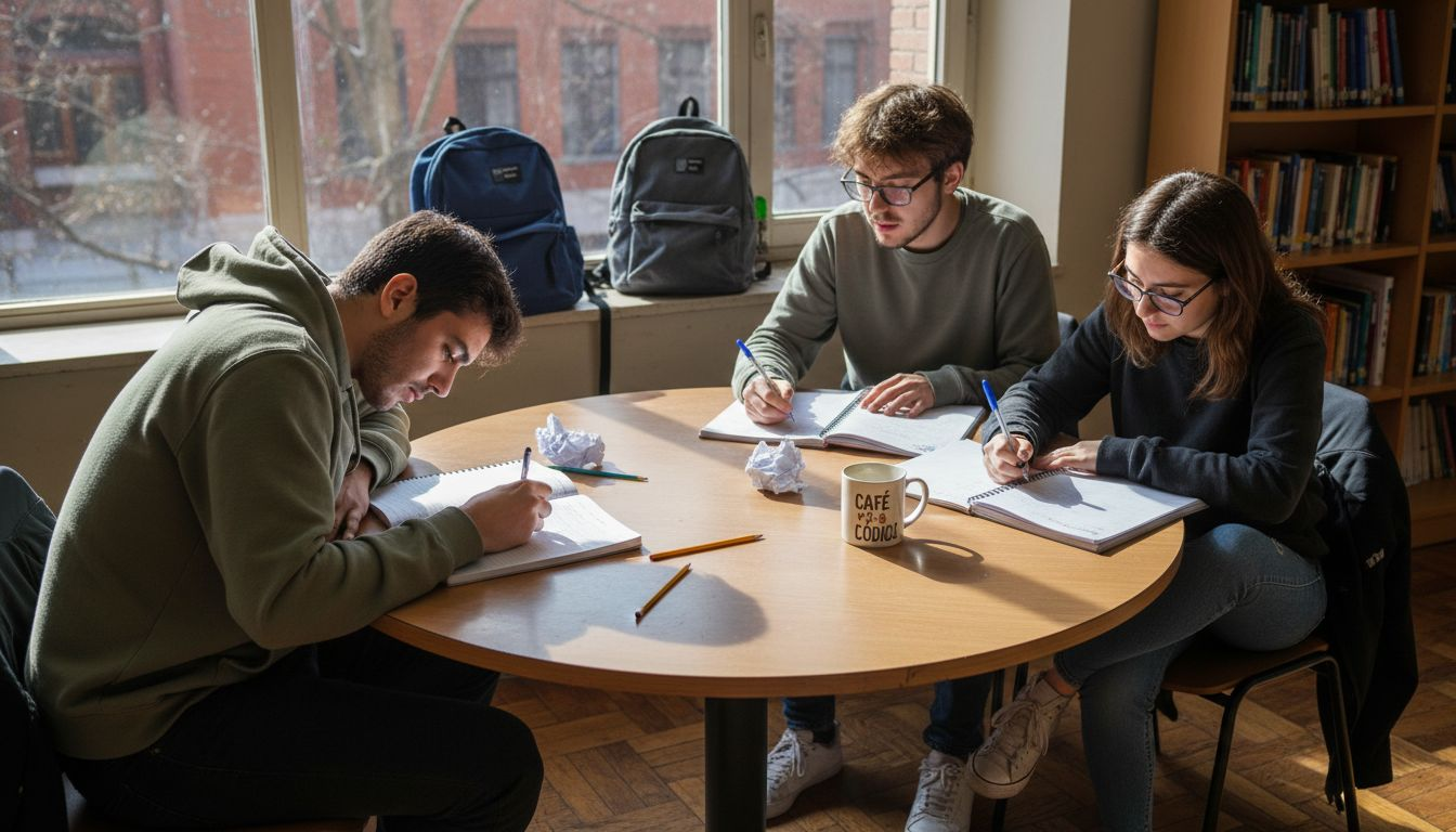 Un grupo de estudiantes repasando juntos ejercicios de gramática.