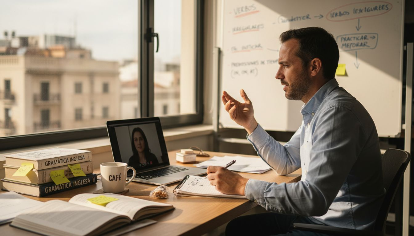 Hombre que aprovecha su jornada laboral para mejorar su inglés conversando con sus compañeros.