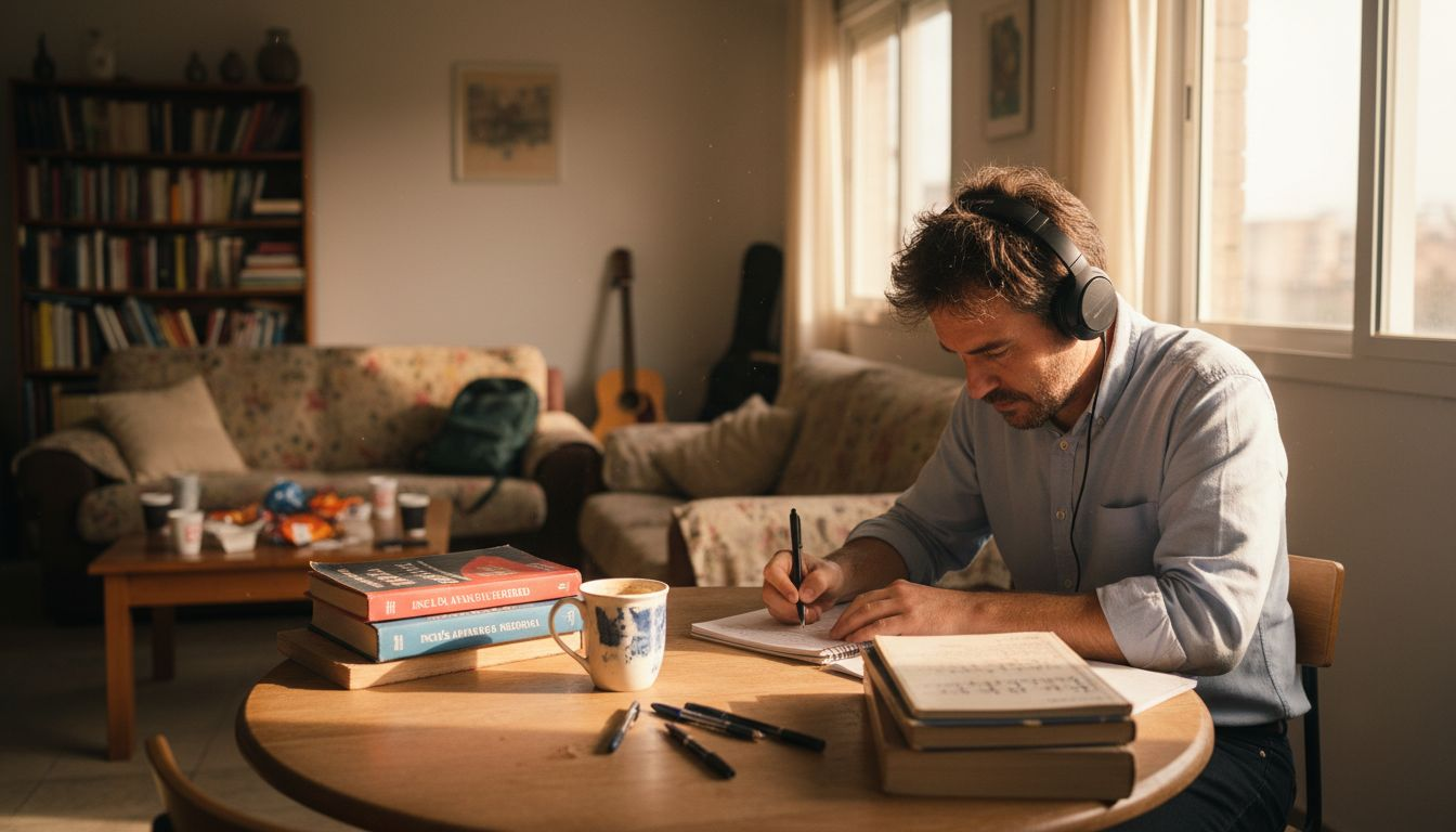 Hombre que dedica tiempo todos los días a aprender inglés desde casa
