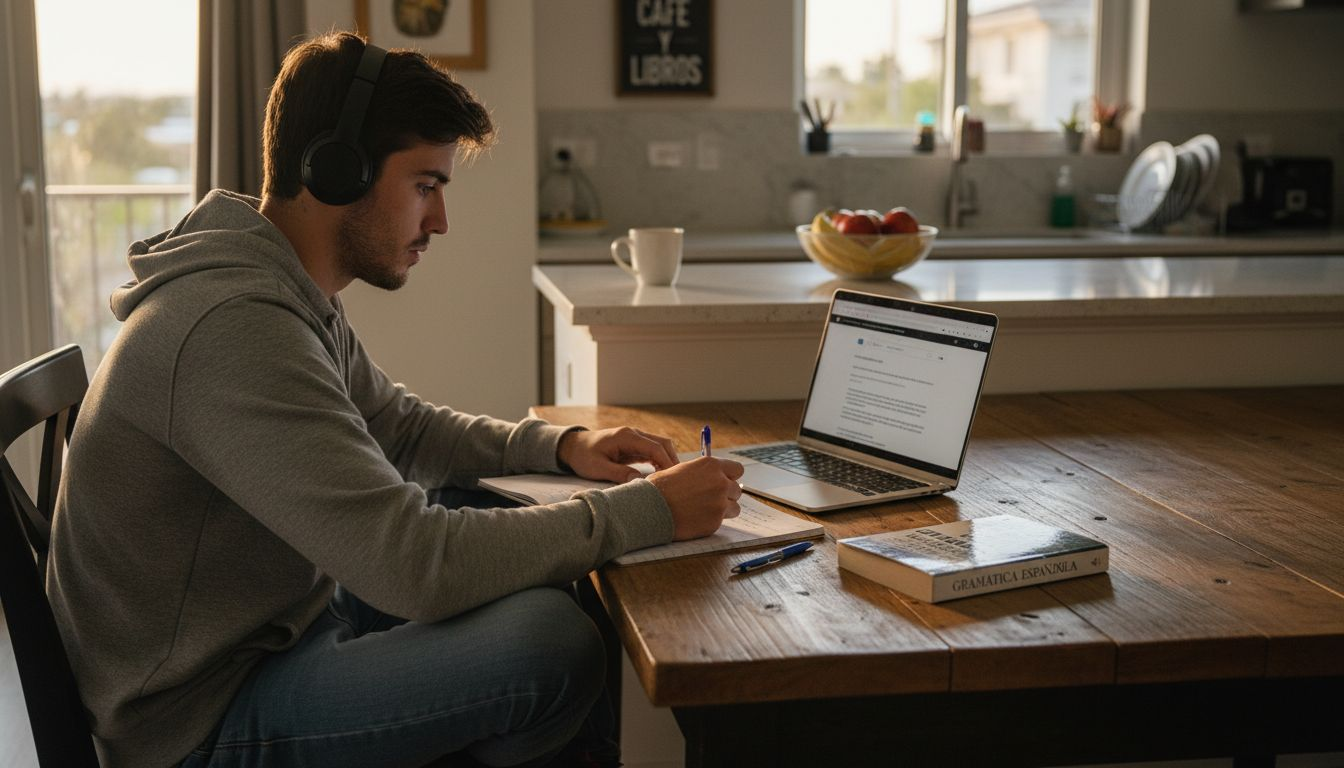 Un joven estudia idiomas desde casa utilizando su ordenador portátil.