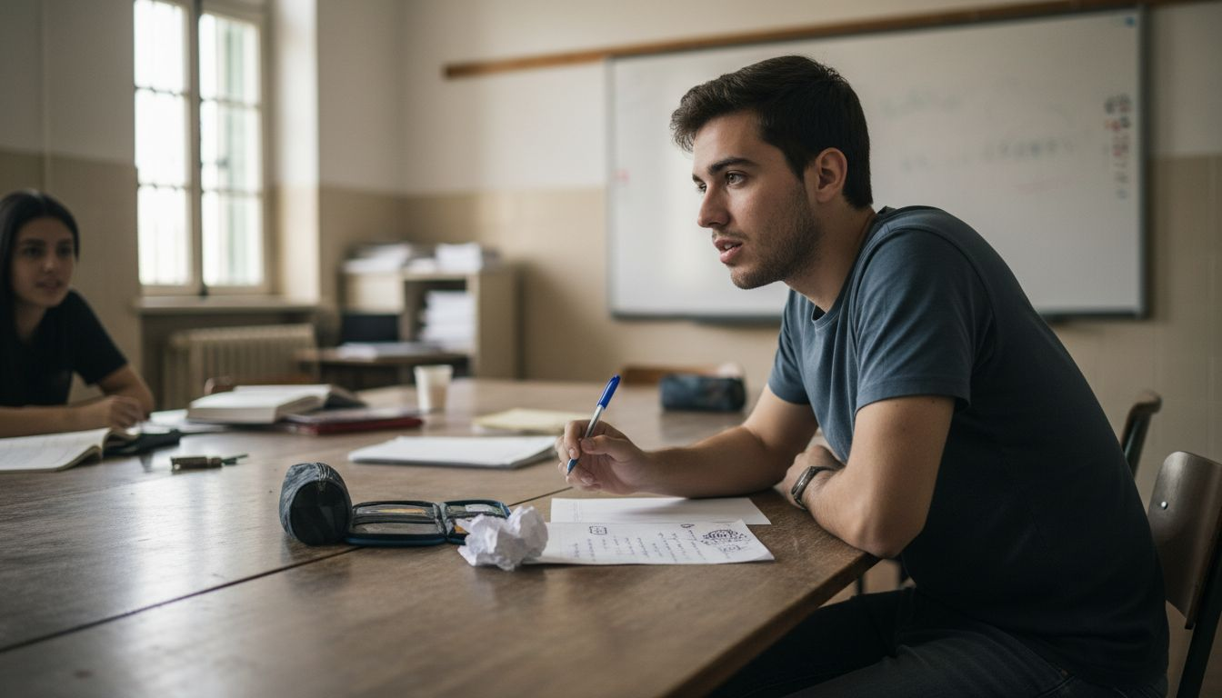 Un estudiante atento mientras su compañero expone en clase.