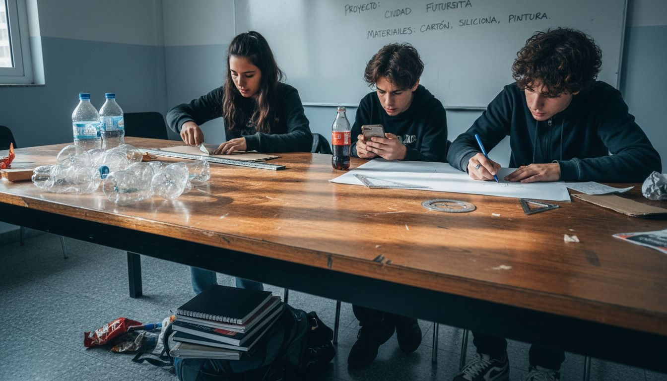 Un grupo de estudiantes trabaja en equipo para dar vida a una maqueta escolar llena de creatividad.