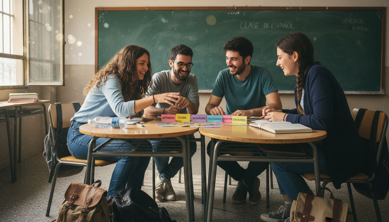 Un grupo de estudiantes trabaja en equipo realizando una actividad de lengua en el aula.