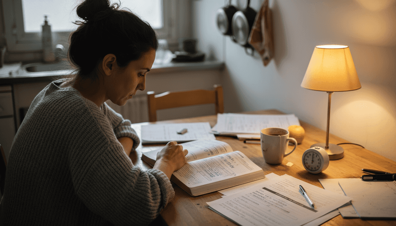 Mujer controlando el tiempo de sus ejercicios de inglés en casa