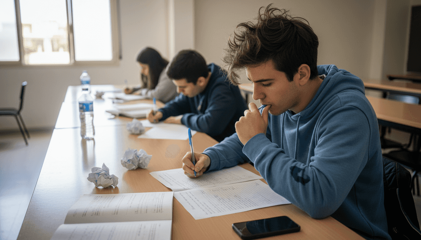 Estudiantes respondiendo un examen escrito en el salón de clases.