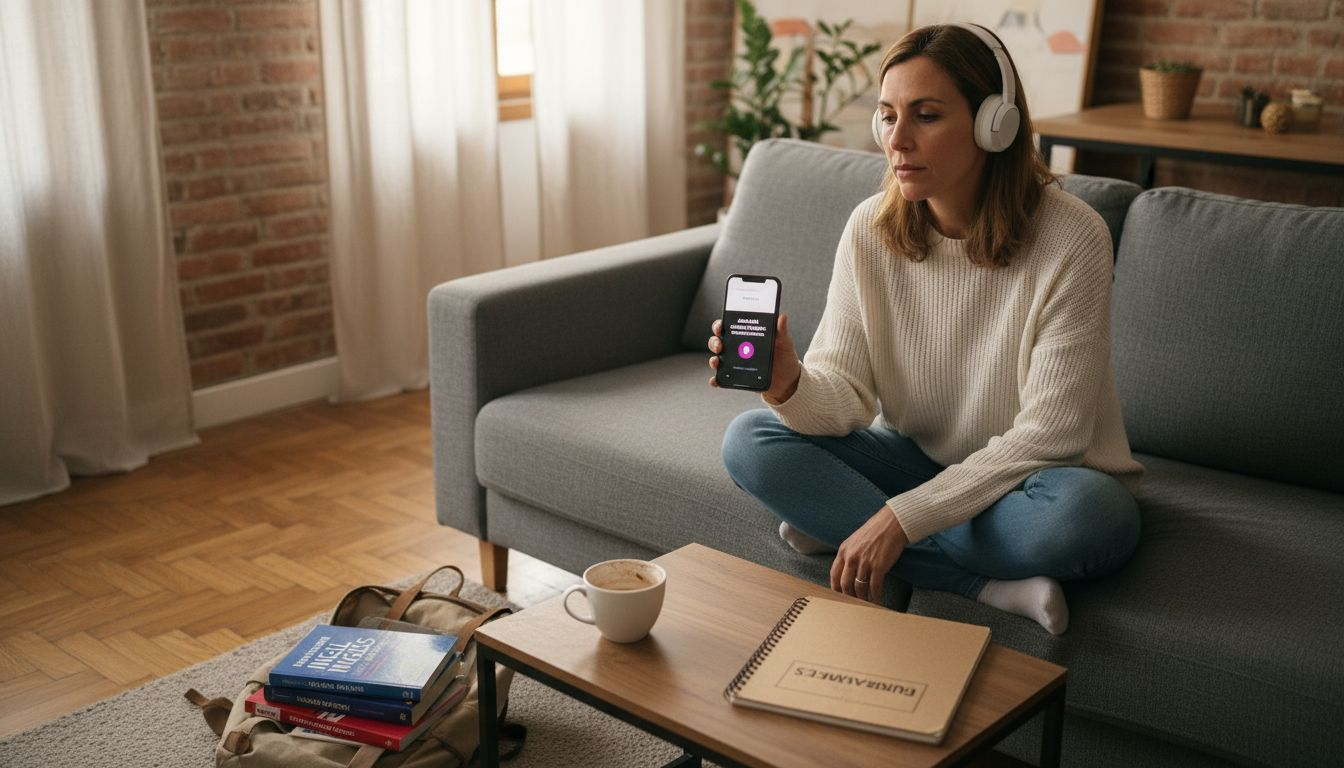 Una mujer mejora su comprensión auditiva mientras estudia en casa, disfrutando de un ambiente cómodo y relajado.