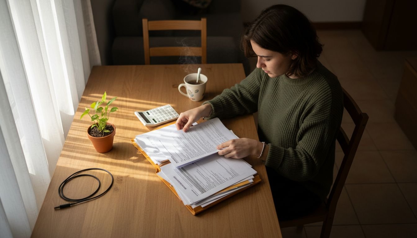 Alumno organizando los papeles necesarios para trámites administrativos