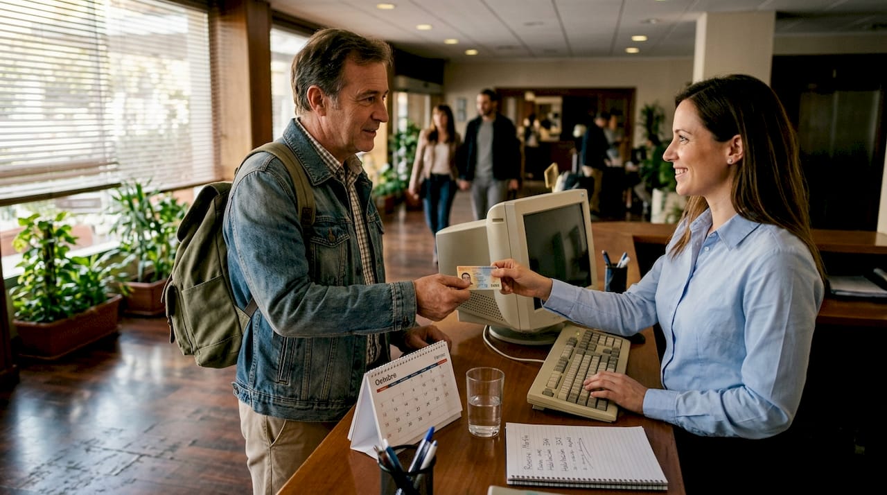 Atención al cliente en la recepción del hotel: interacción y comunicación entre el huésped y el personal para resolver dudas, solicitar servicios o gestionar su estancia.