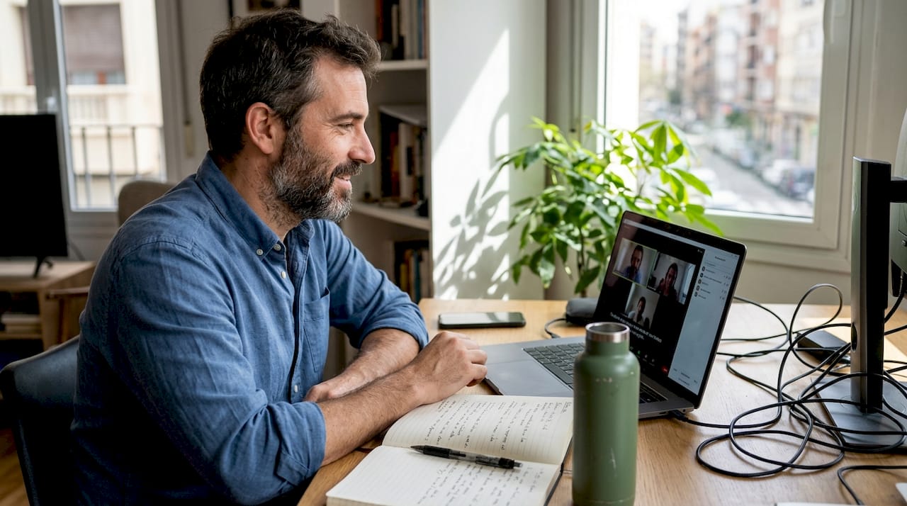 Hombre participando en una videollamada de trabajo en inglés