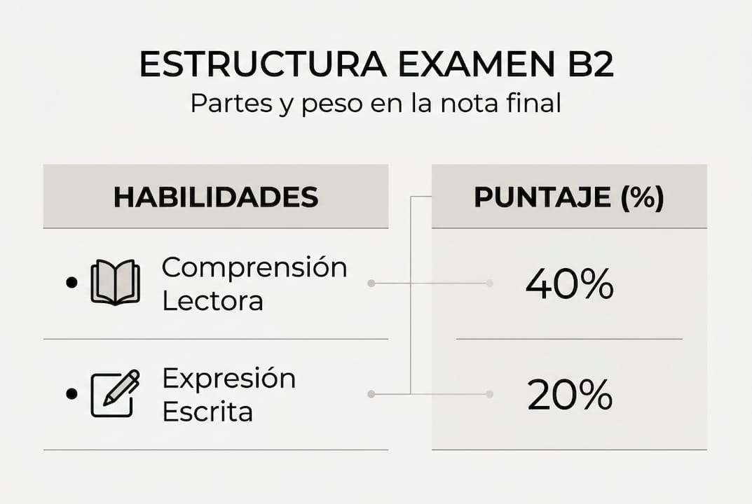 Infografía sobre la estructura del examen B2 y el peso de cada prueba