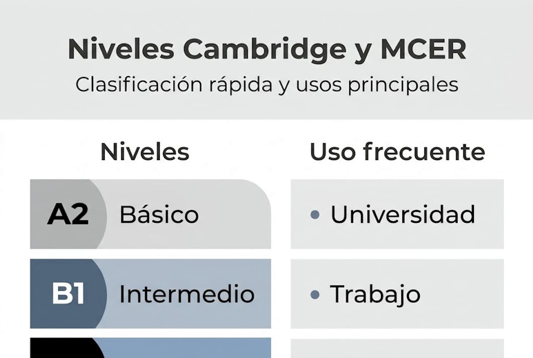 Infografía sobre los niveles de Cambridge y su correspondencia con el MCER