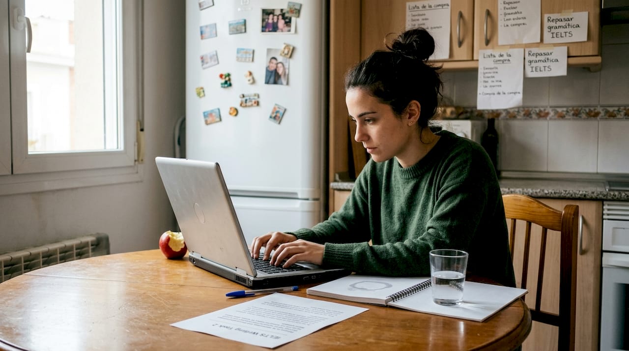 Una mujer se concentra en redactar su ensayo para el examen IELTS mientras está sentada en la mesa de la cocina.