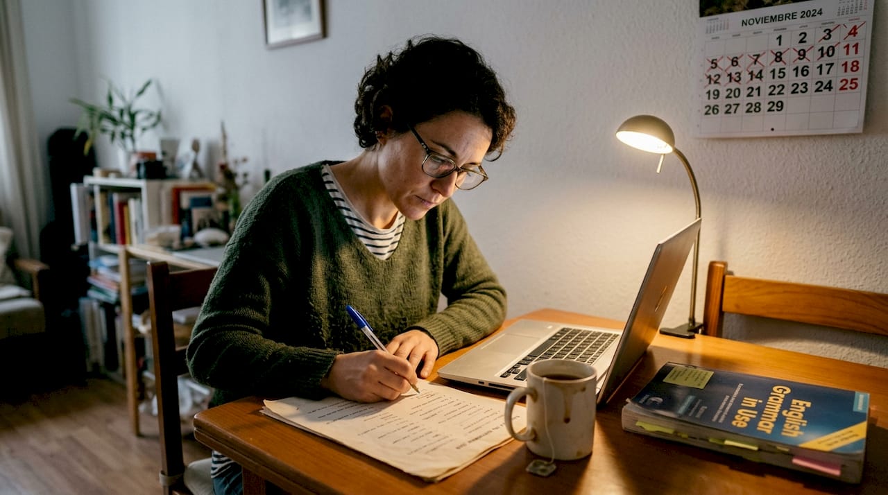 Mujer adulta repasando inglés mientras estudia en la mesa de su casa