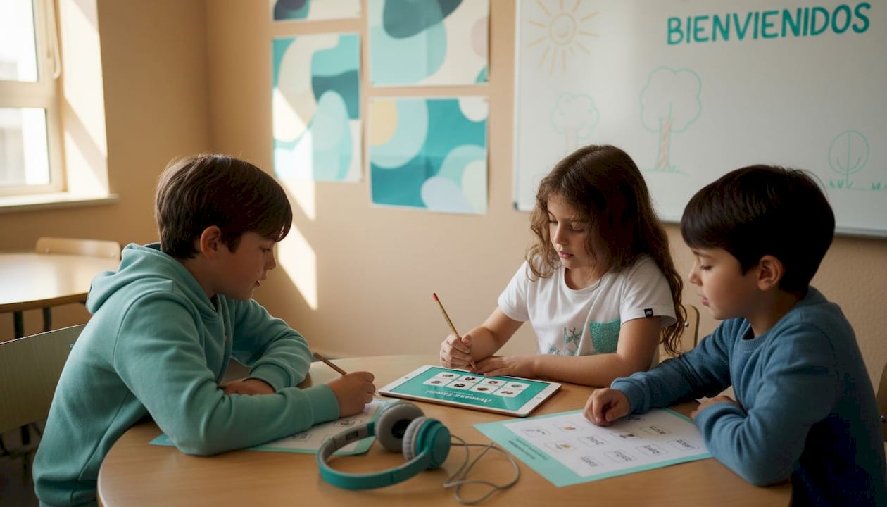 Niños aprendiendo inglés a través de materiales multimedia