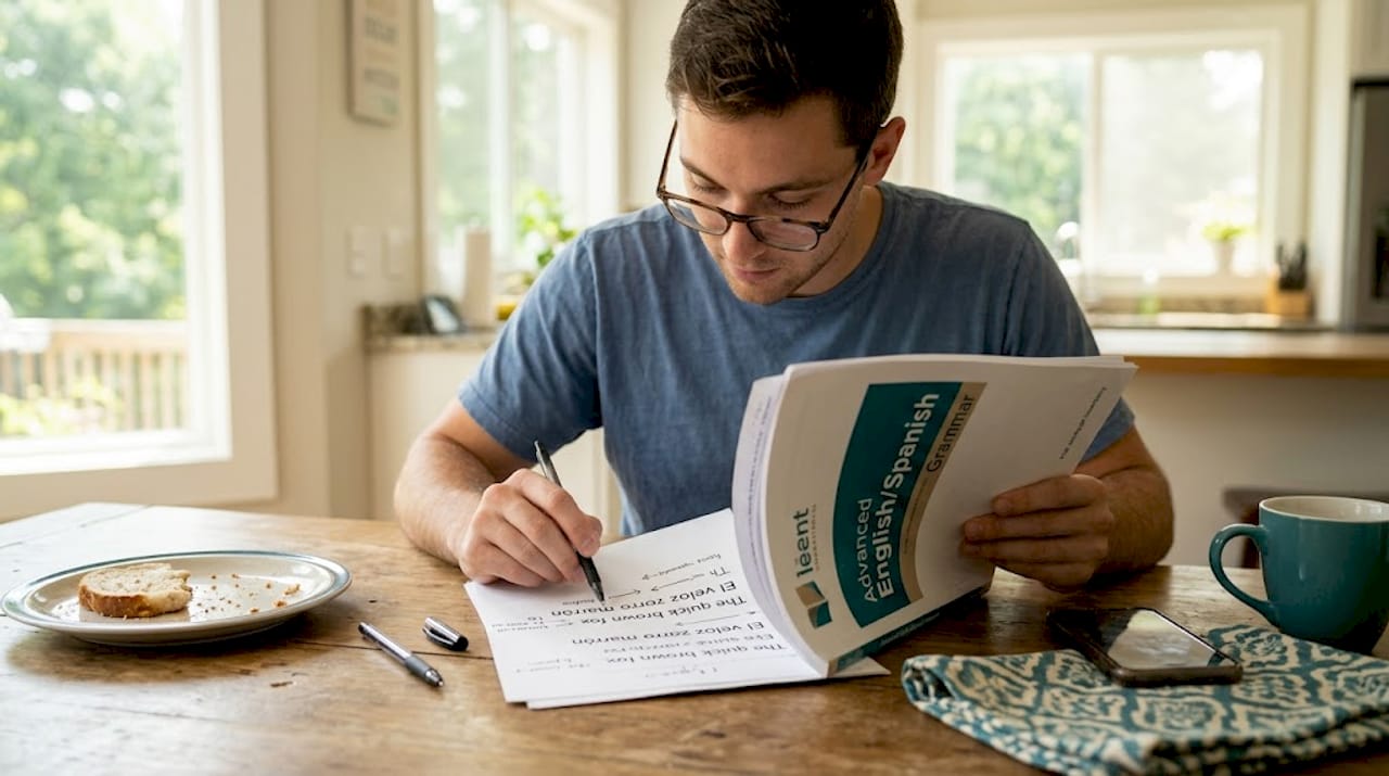 Estudiante analizando y comparando frases en inglés y en español