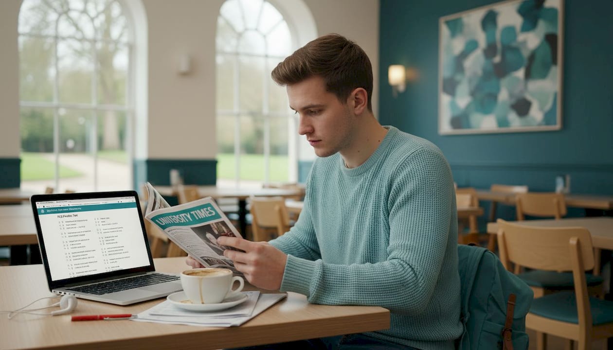Un joven revisa materiales de inglés mientras disfruta de un café.