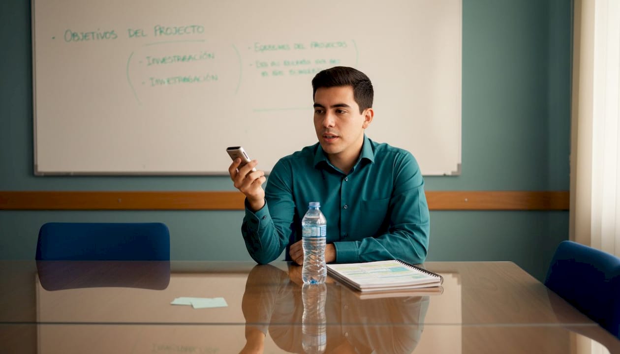 Un joven se prepara para una entrevista laboral en inglés dentro de una oficina.