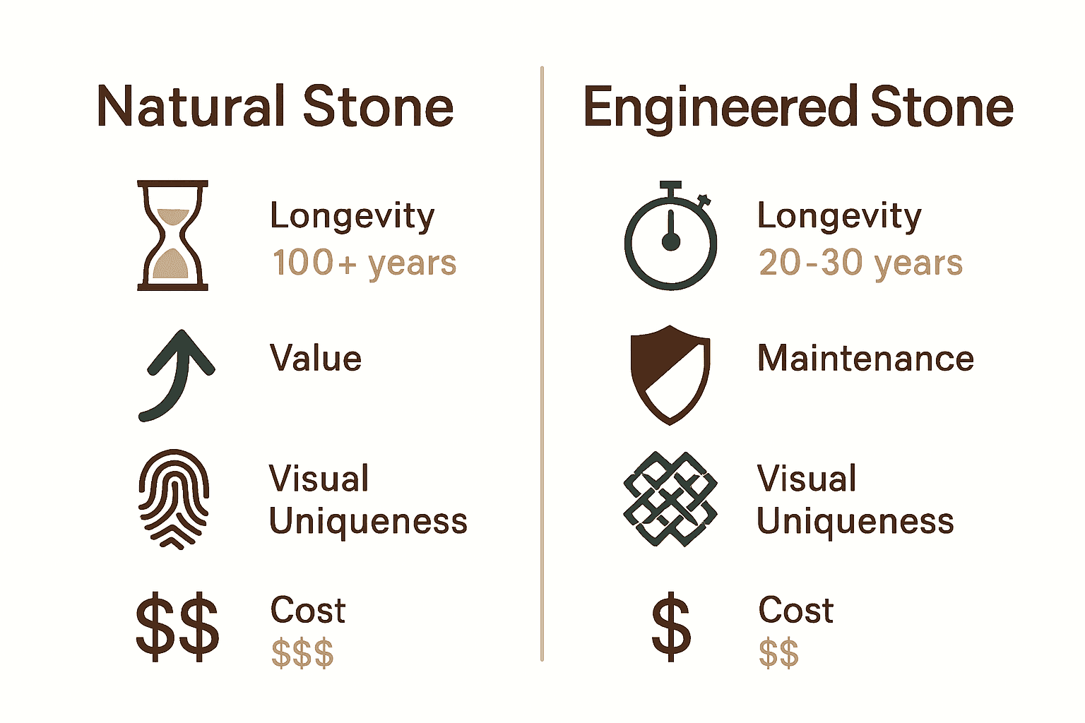 Infographic comparing natural stone and engineered alternatives on durability, uniqueness, and maintenance needs.