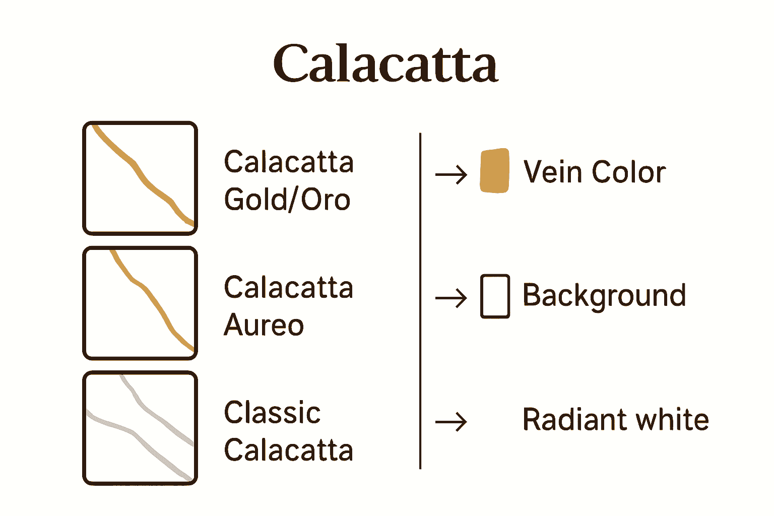 Infographic comparing Calacatta marble varieties by veining and color.
