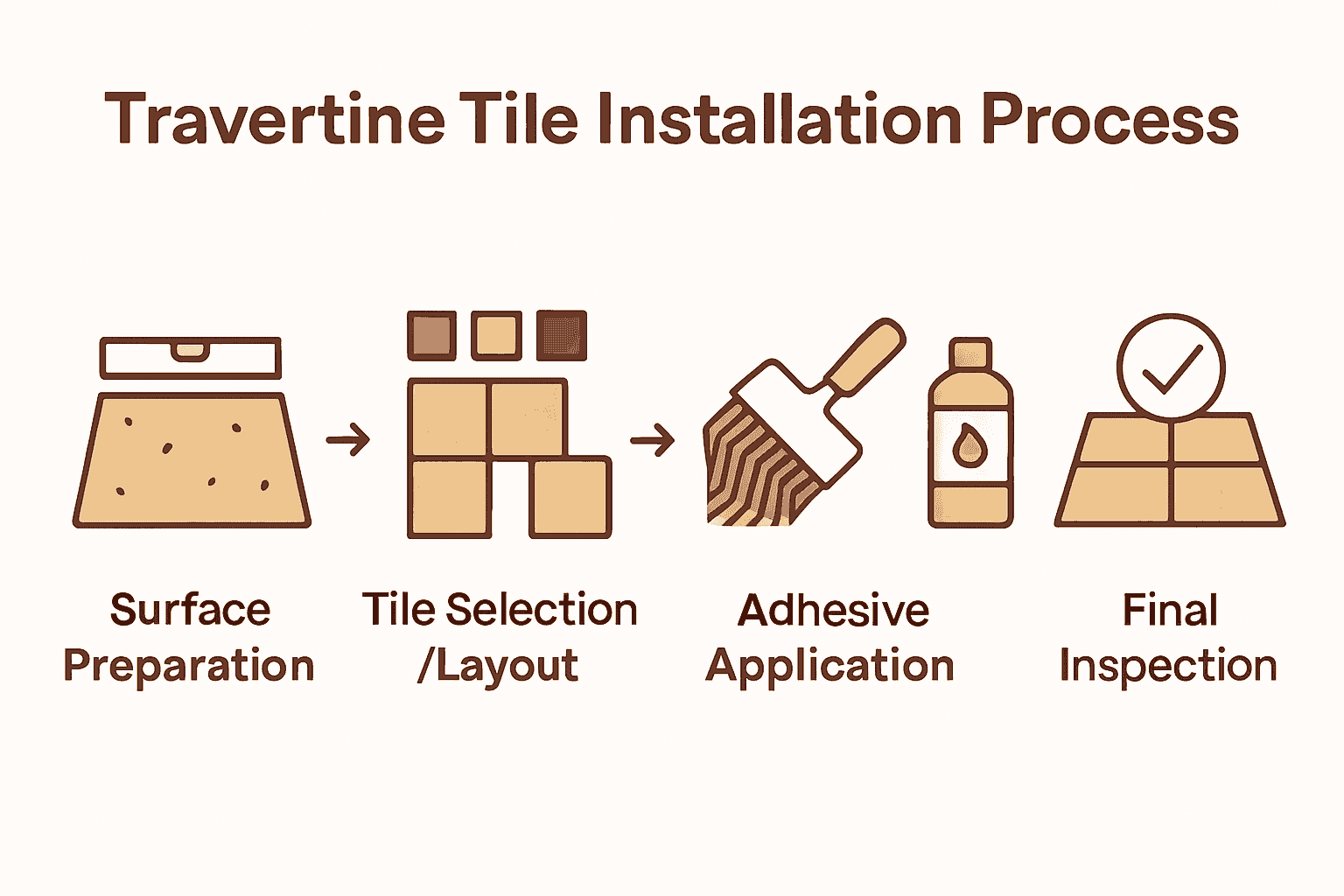 Infographic showing five steps in travertine tile installation with icons for each process stage.