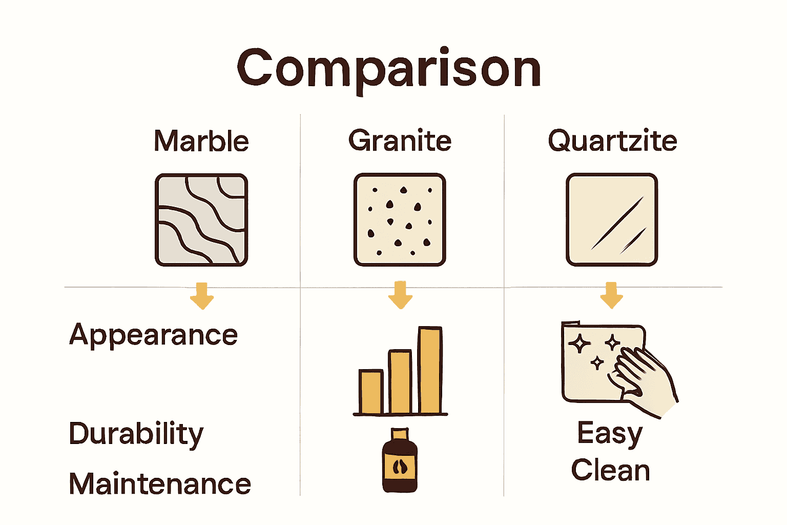 Infographic comparing marble, granite, and quartzite slabs.