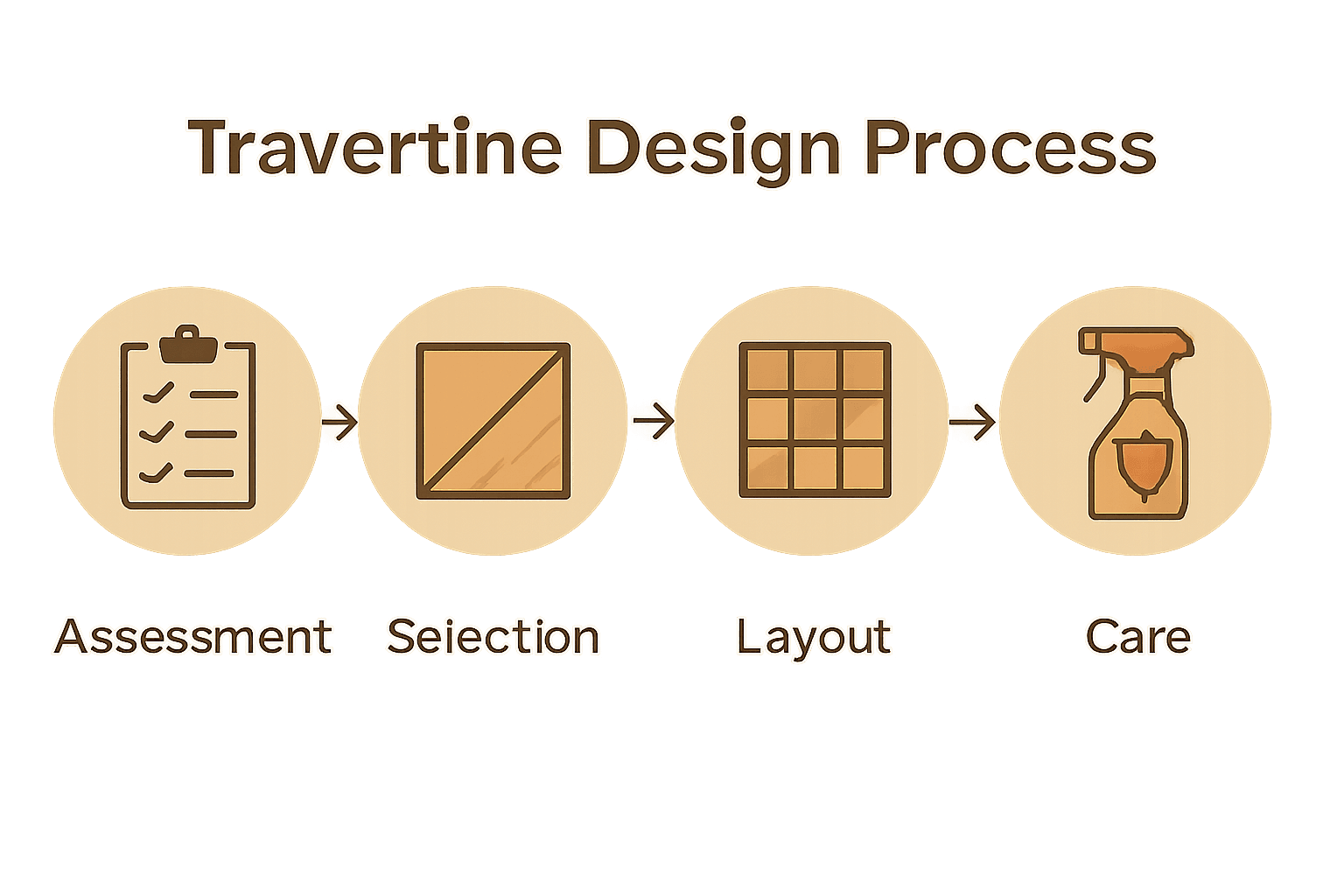 Infographic showing five-step travertine design process with icons for assessment, selection, layout, installation, and care.