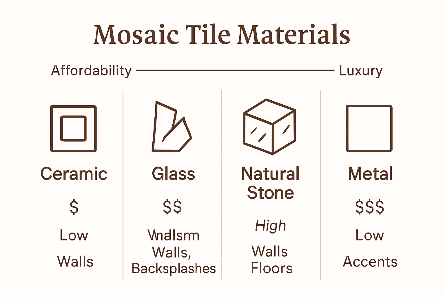 Infographic comparing ceramic, glass, stone, and metal mosaic tiles with icons and main features.