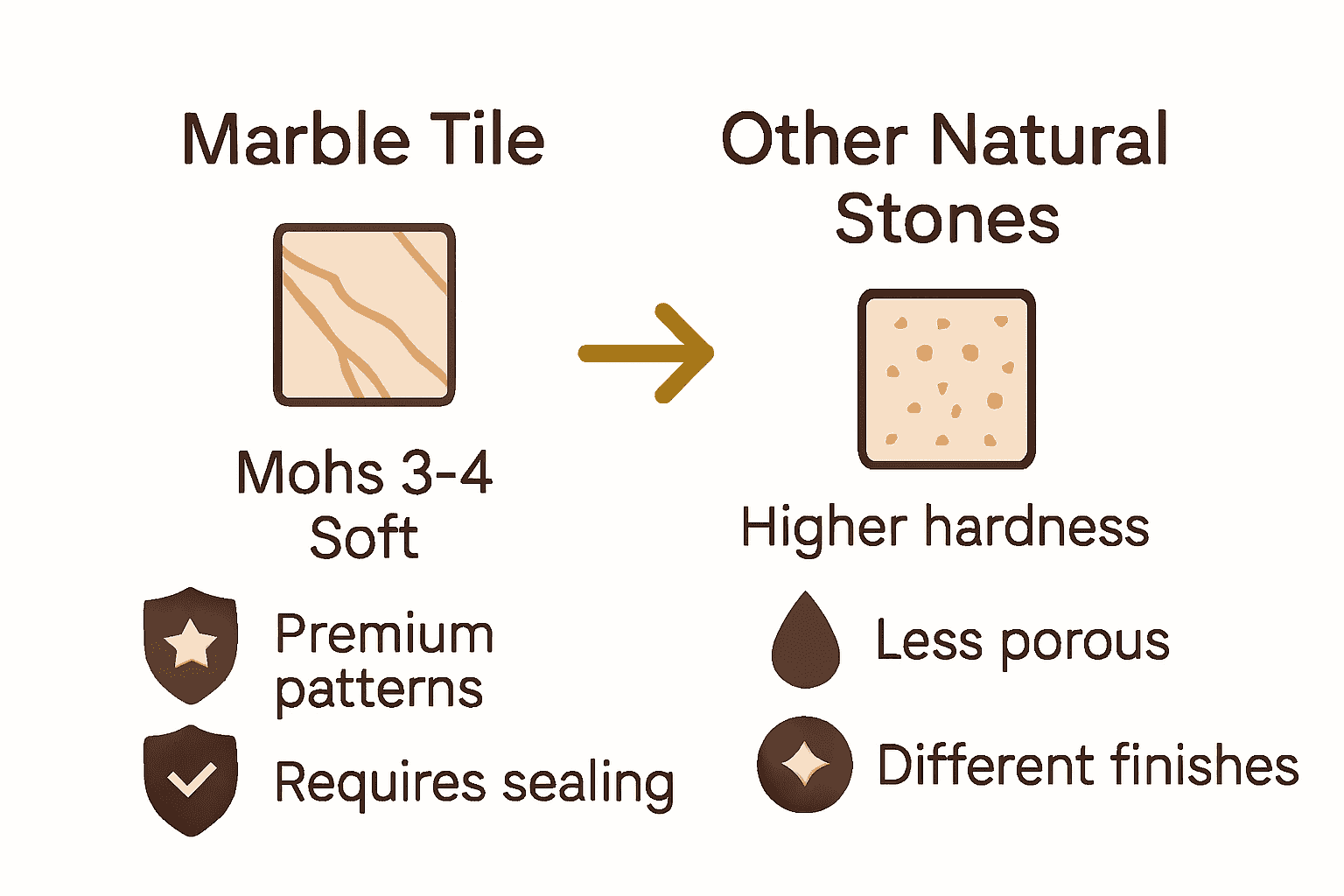 Infographic comparing marble tile to other natural stones by hardness, maintenance, and aesthetic features.